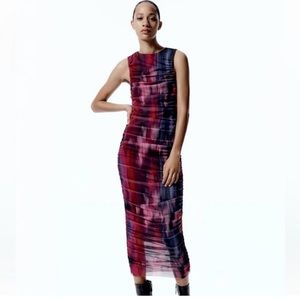 Zara Printed ruched Tulle dress Mesh Abstract Purple Black Medium